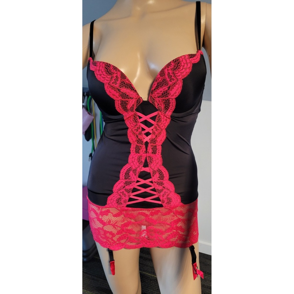 Black & Red Lace Bustier Lingerie Set 34DD Corset Style Lace-Up Back